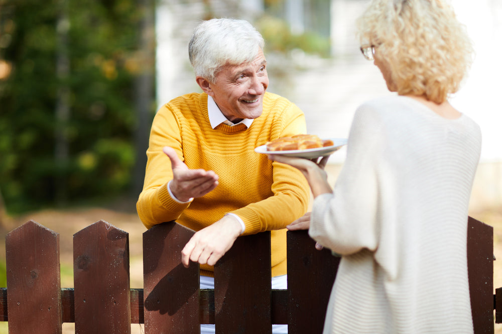 neighbours speaking over a fence