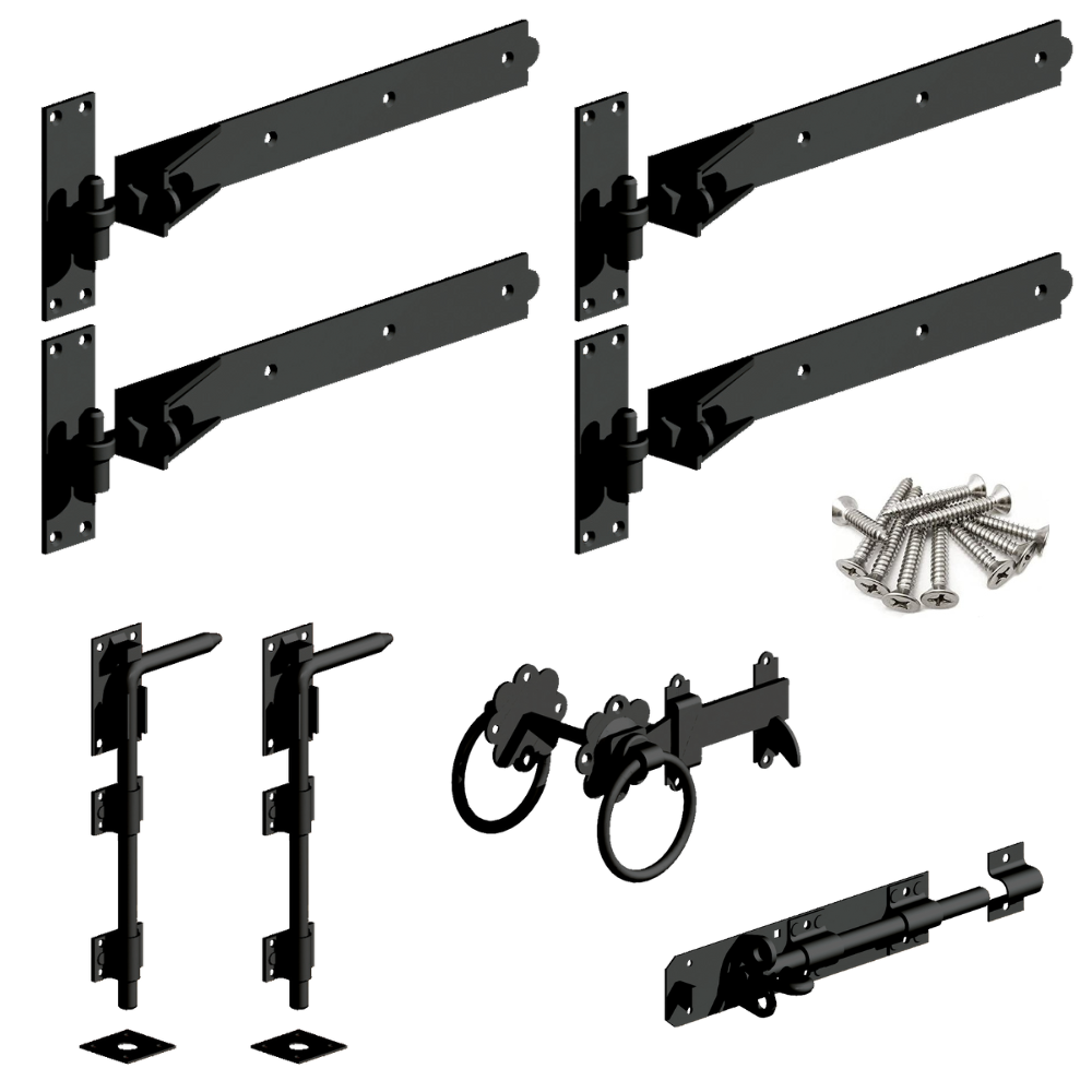 A galvanised adjustable double hinge kit in the colour black