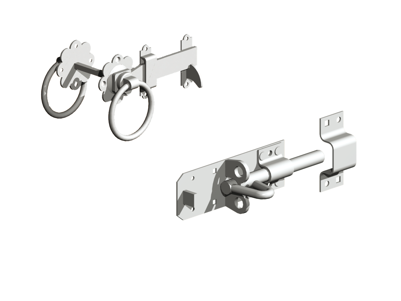 A diagram showing metal bolts, latches, and catches for gates