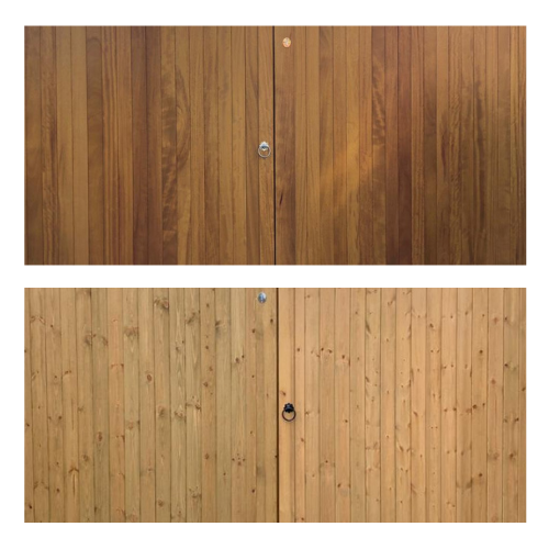 Two double wooden gates in a light and a dark brown