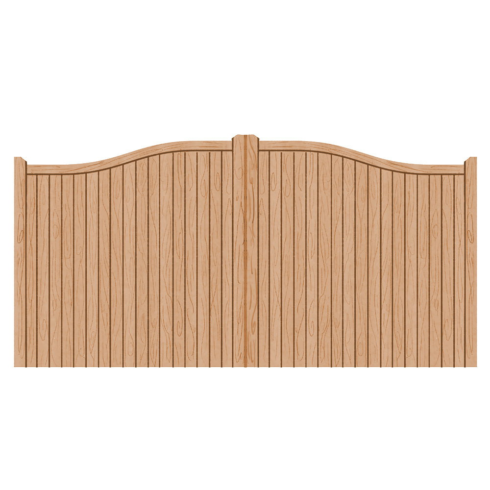A hardwood driveway gate with a swan neck design