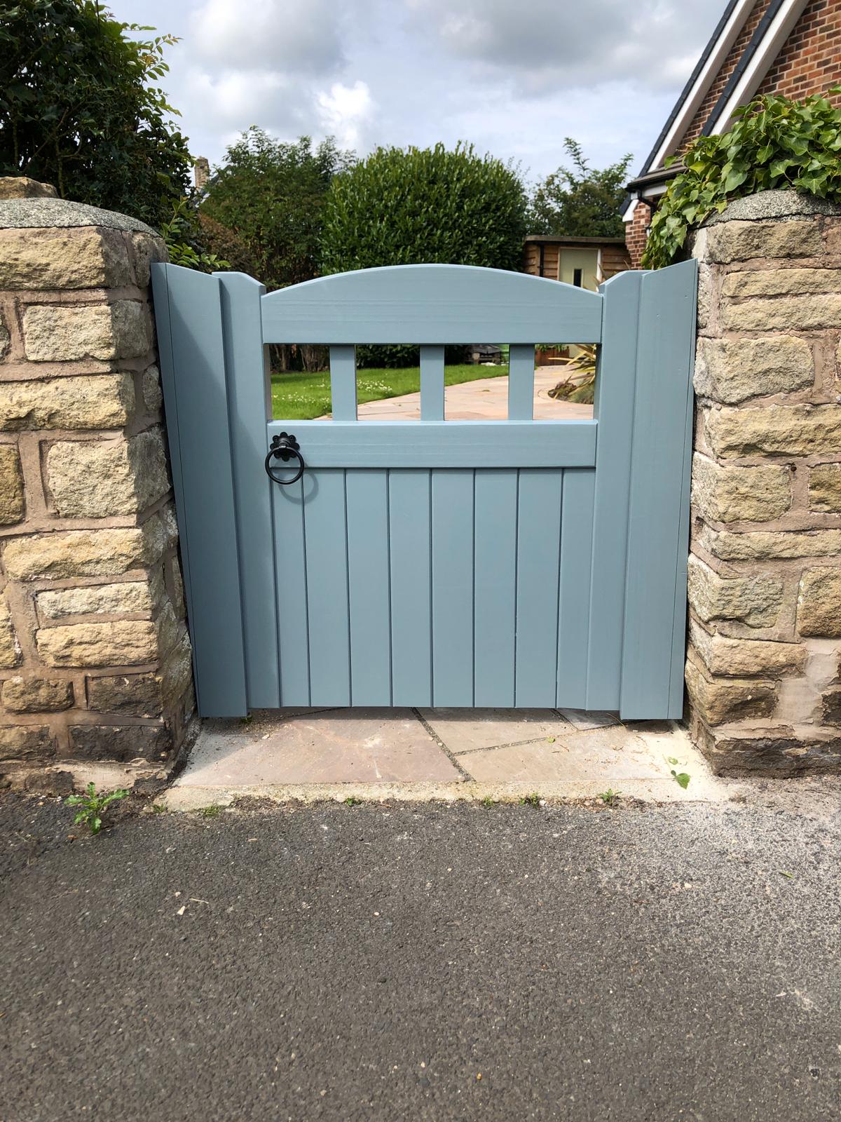 Idigbo Hardwood Single Garden Gate - Lancashire Design - De Nimes Stain - Front