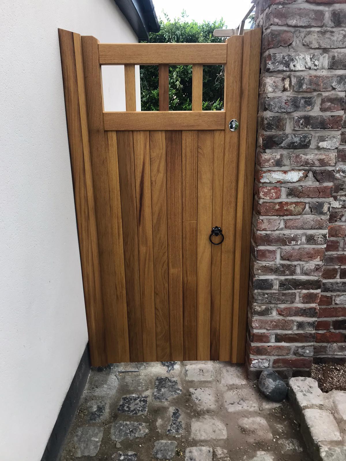 Iroko Hardwood Side Gate - Cheshire Design - Oil - Single - Front