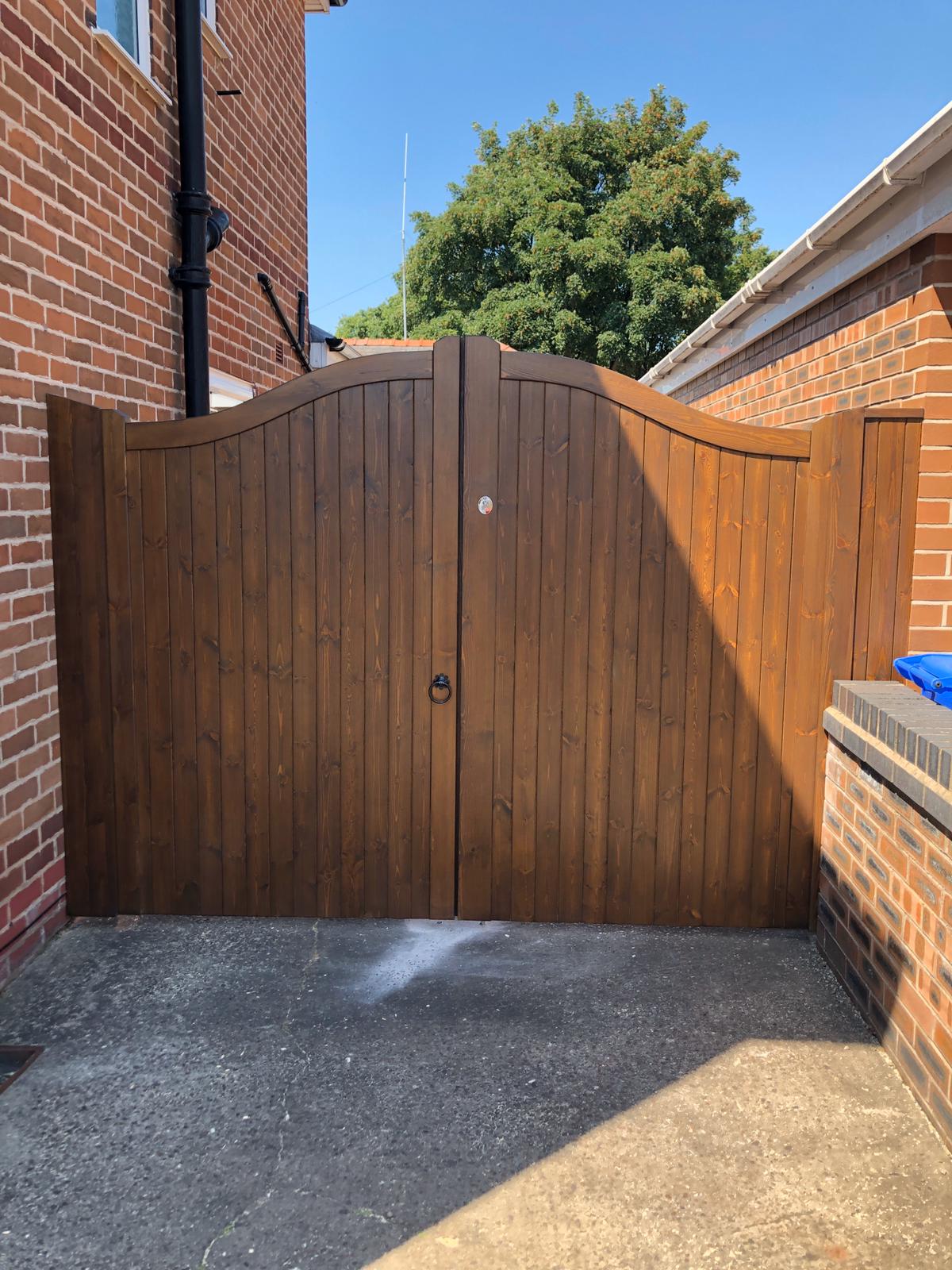 Softwood Driveway Gates - Swan Neck Design - Dark Oak Stain - Front