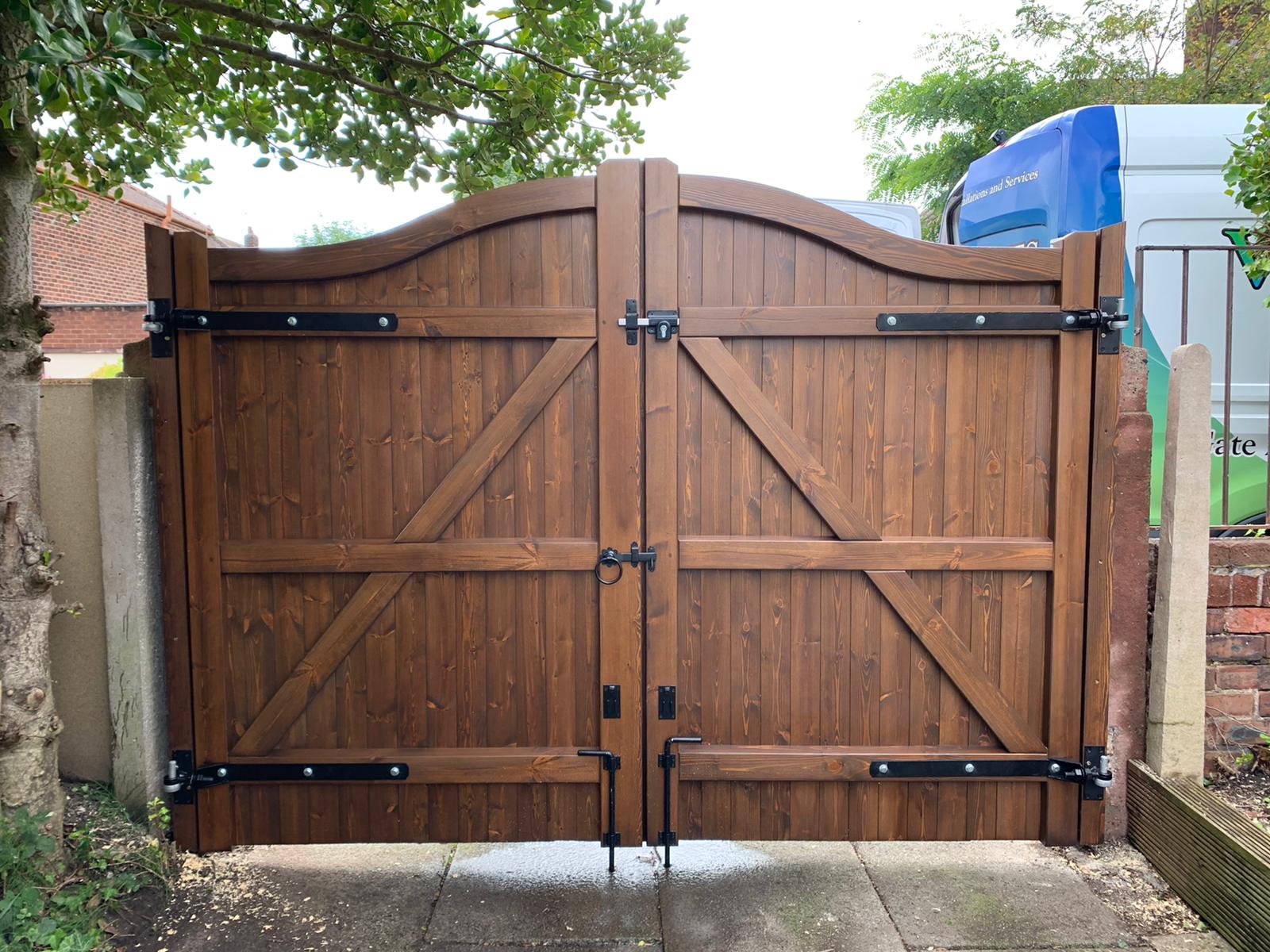 Softwood Driveway Gates - Swan Neck Design - Dark Oak Stain - Rear