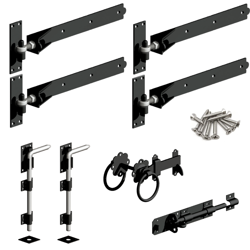 A black galvanised adjustable hinge kit with silver bolts