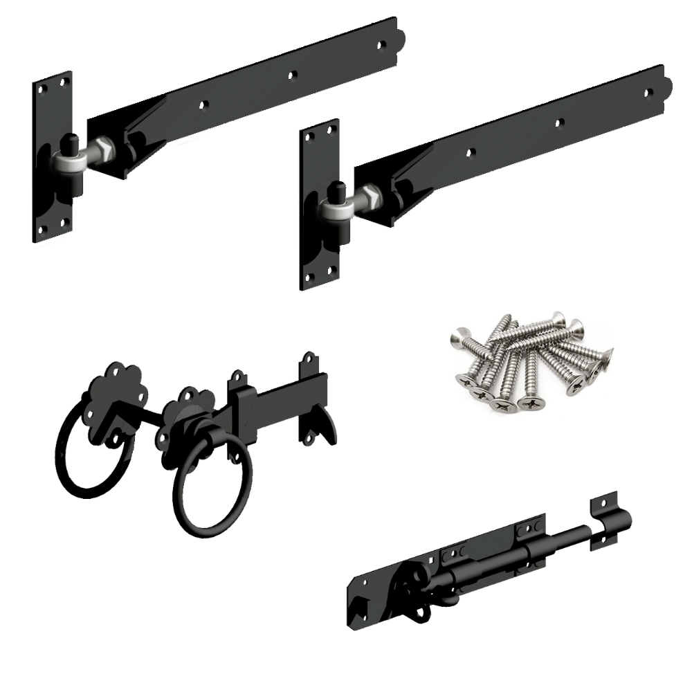 A black galvanised adjustable hinge kit with silver bolts