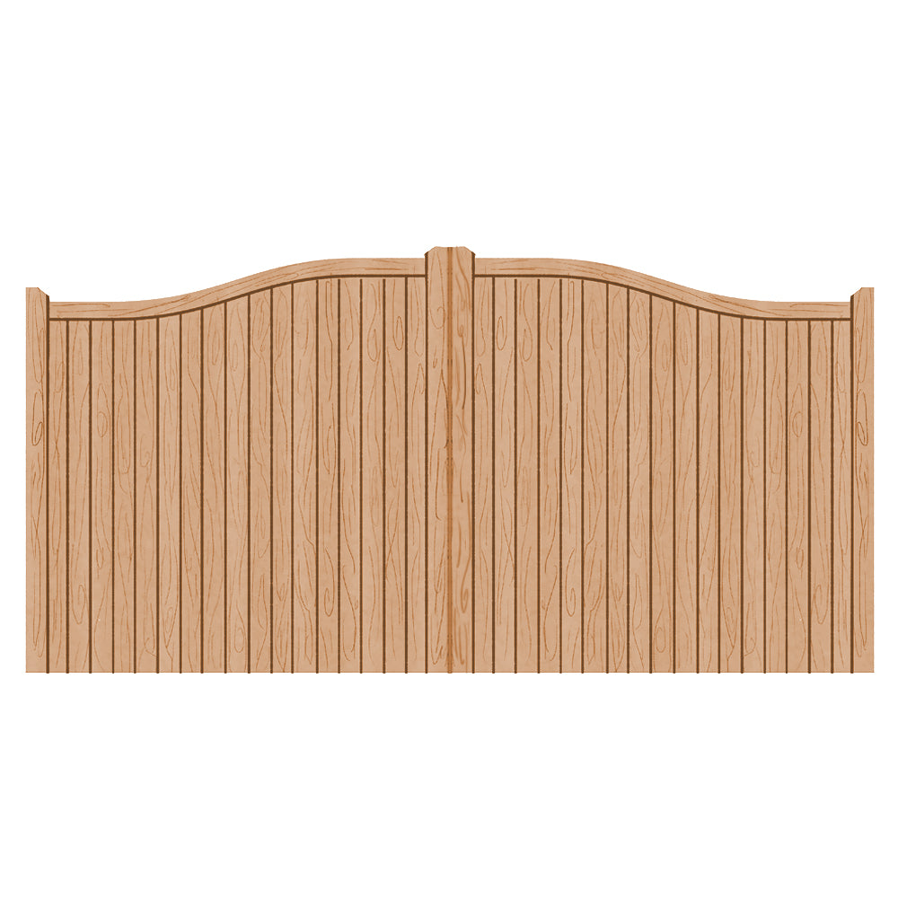 A hardwood driveway gate with a swan neck design