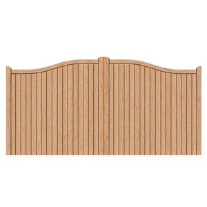 A hardwood driveway gate with a swan neck design