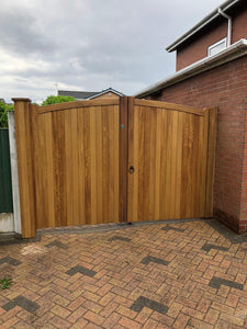 Iroko Hardwood Driveway Double Gates - Lymm Style Natural Front