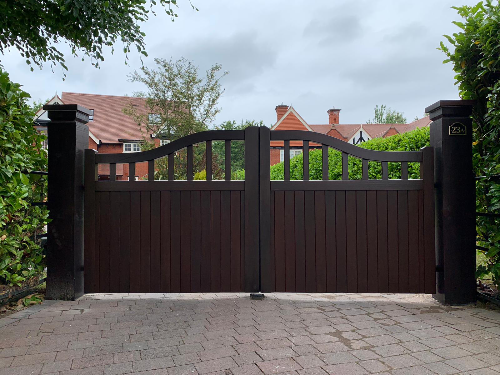 Iroko Hardwood - Chester Driveway Gate - Red Roswood Stain Front