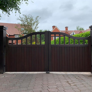 Iroko Hardwood - Chester Driveway Gate - Red Roswood Stain Front