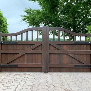 Iroko Hardwood - Chester Driveway Gate - Red Roswood Stain Rear