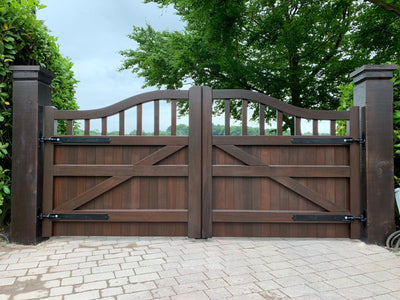 Iroko Hardwood - Chester Driveway Gate - Red Roswood Stain Rear