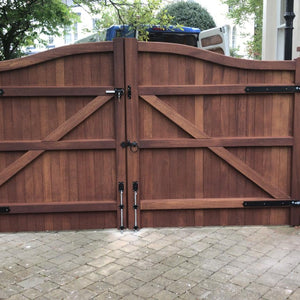 The back of an Iroko hardwood double gate with a Swan Neck design