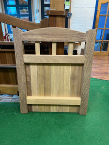 The back of an Iroko hardwood garden gate in a Lancashire design