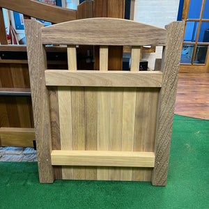 The back of an Iroko hardwood garden gate in a Lancashire design